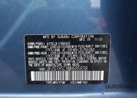 2021 Subaru Crosstrek Sport из США, поврежденный, VIN JF2GTHSCXMH685838